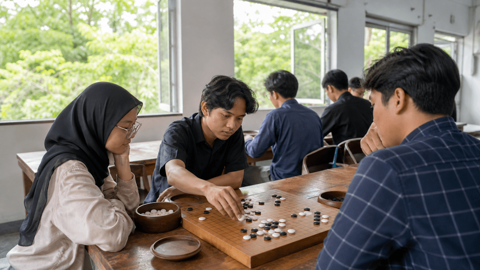 Mahasiswa Indonesia bermain Go di ruang komunitas kampus